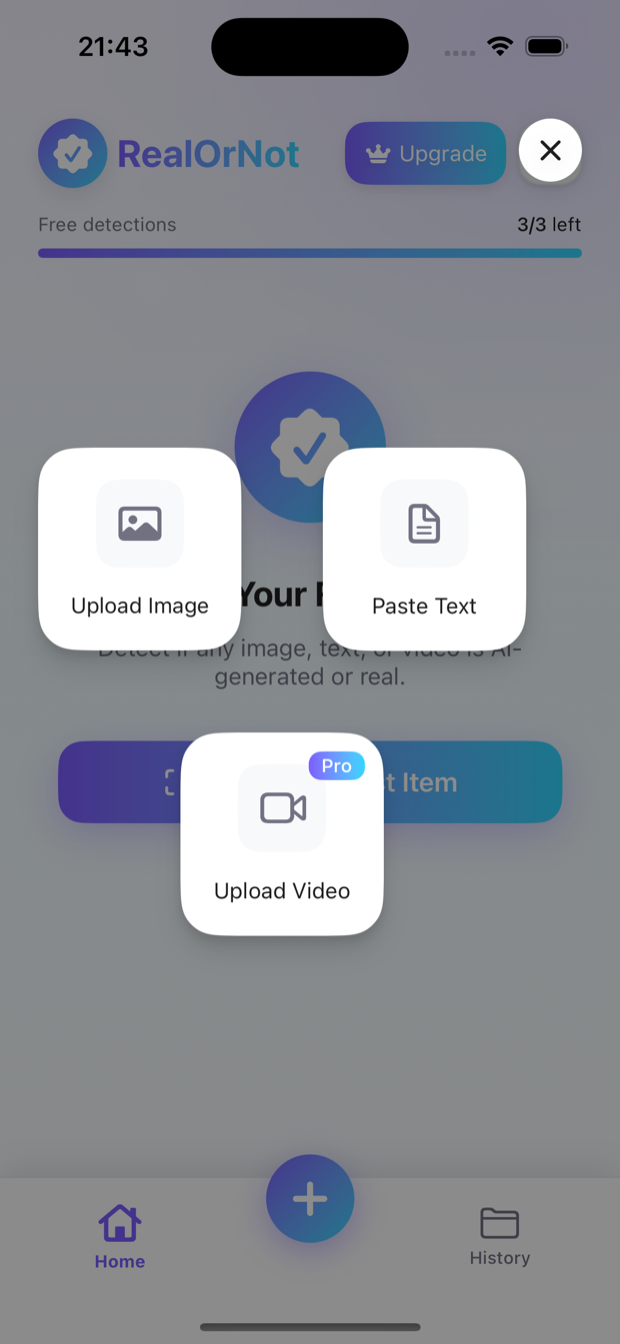 RealorNot upload screen with Upload Image, Paste Text, and Upload Video (Pro) options