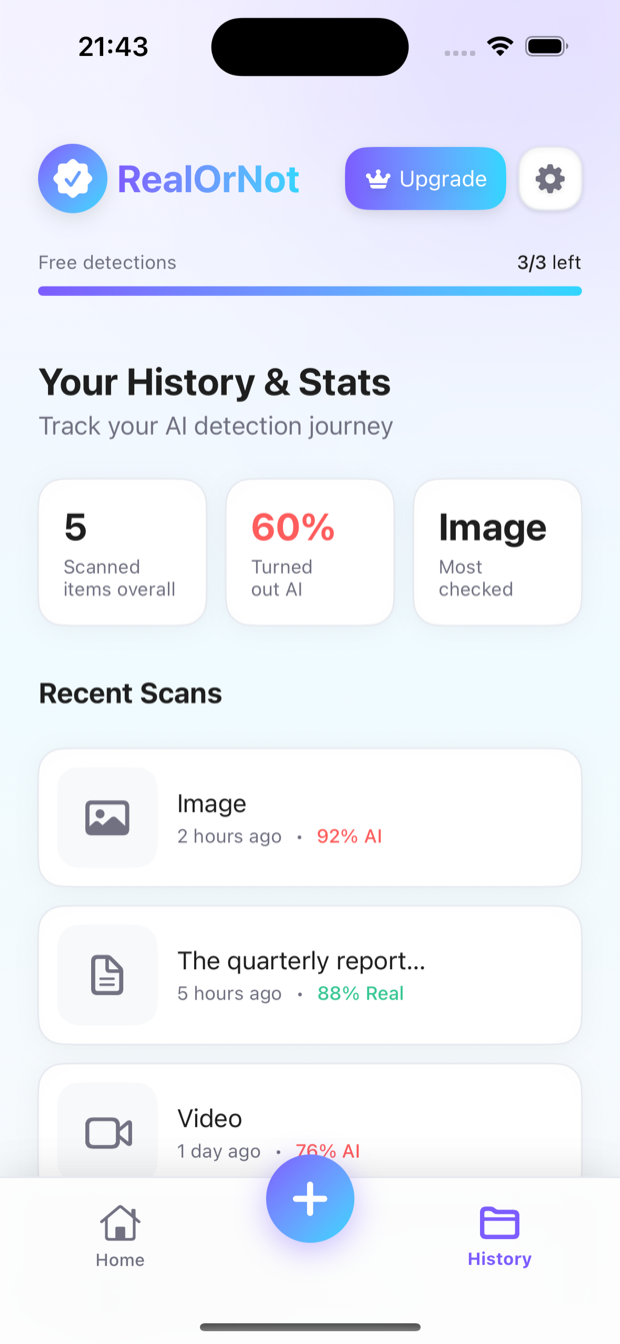 RealorNot history and stats screen with scan counts and recent scans