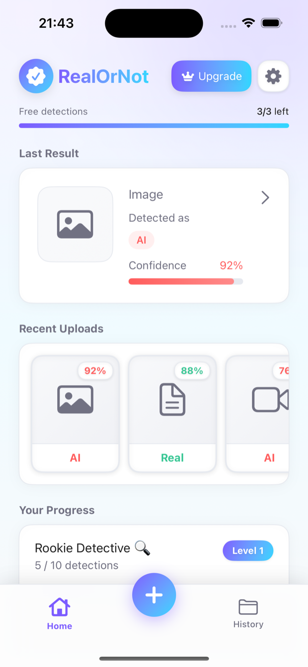 RealorNot home screen: a recent Image scan detected as AI at 92% confidence, recent uploads, and Detective progress