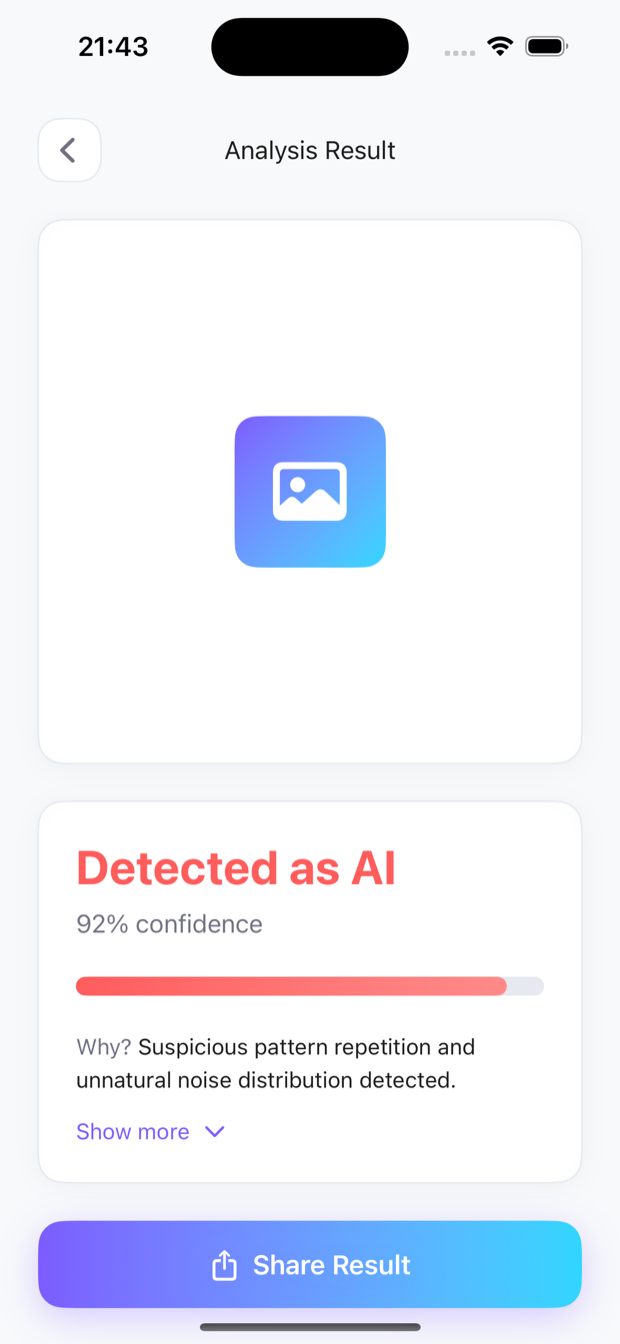 RealorNot analysis result: Detected as AI at 92% confidence, with the reasons why