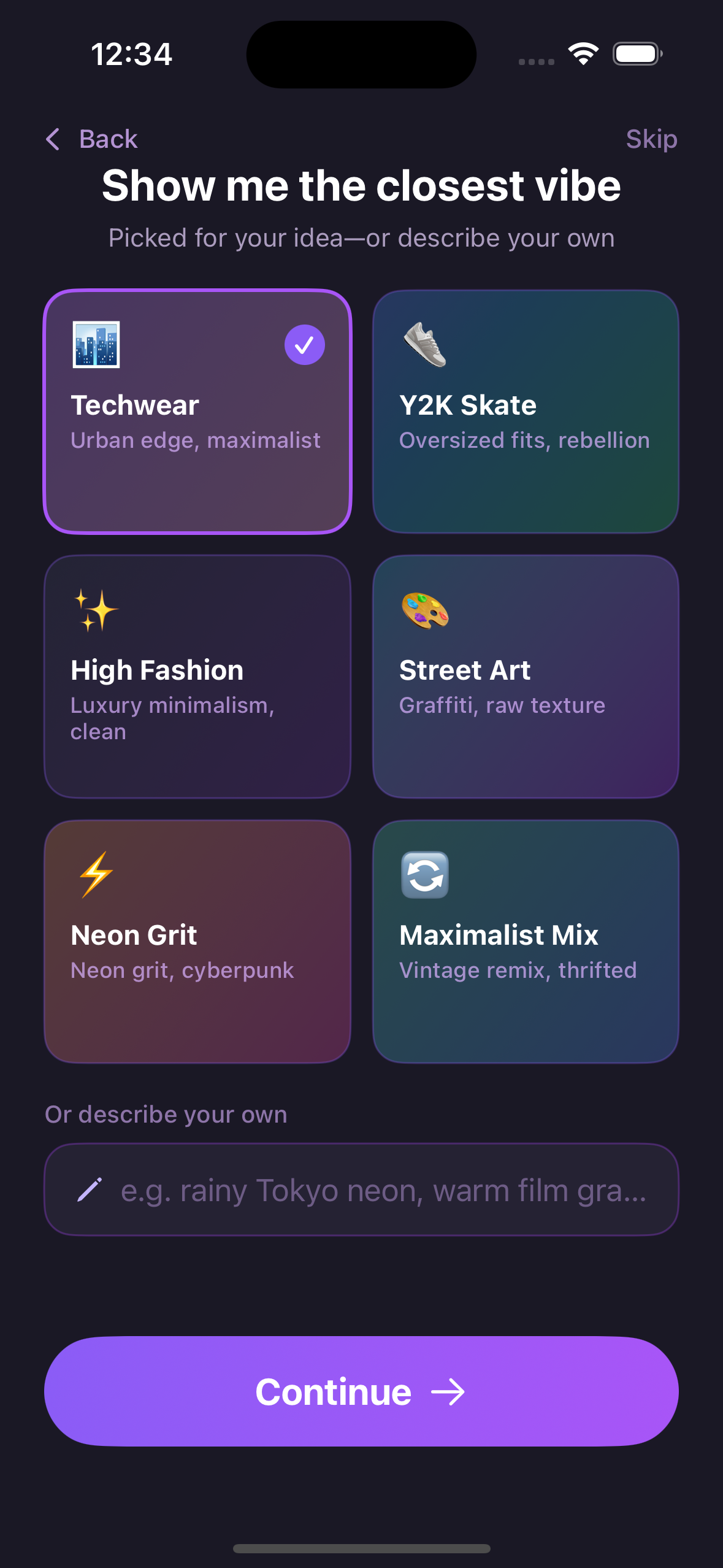 Vibeboard vibe selection screen