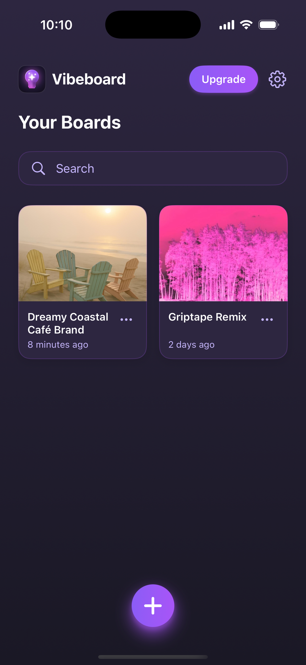 Vibeboard boards overview screen