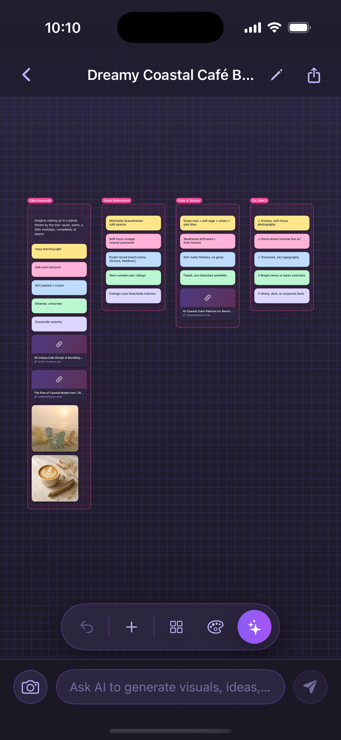 A Vibeboard canvas with sticky notes, framed sections, images, and reference links laid out on an infinite board